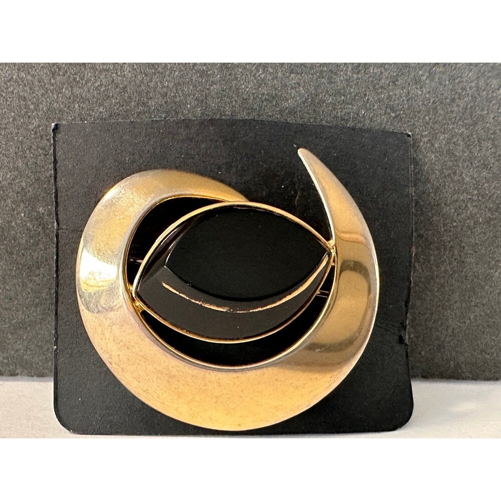 Vintage Sarah Coventry Asymmetrical Modernist Brooch Gold Tone with Black Stone